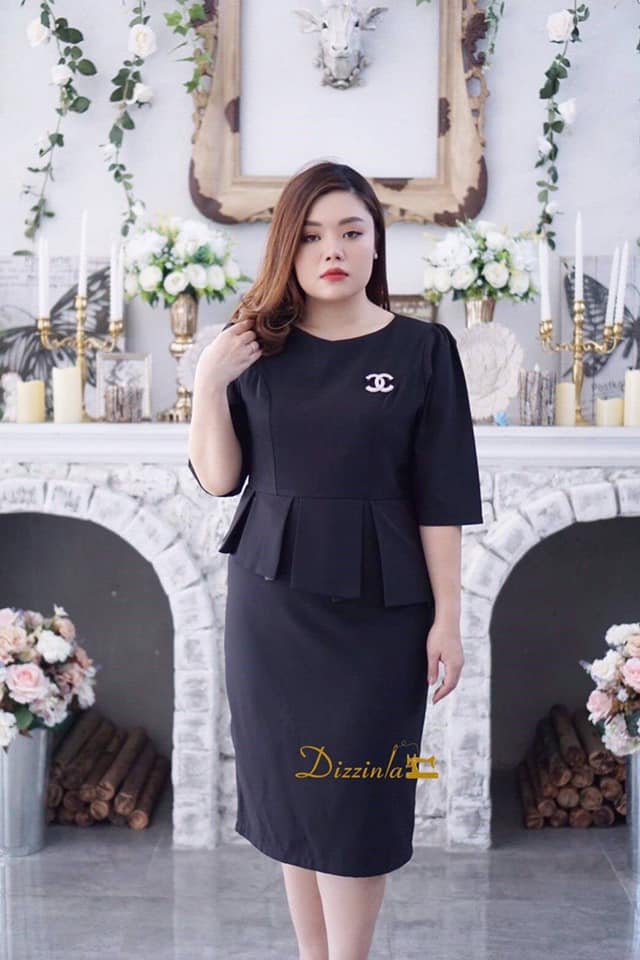 เดรสสีดำ เดรสดำระบายเฉียงรอบเอวคอลเลคชั่นสุดหรู (ได้ถึงอก 46) M-5xl