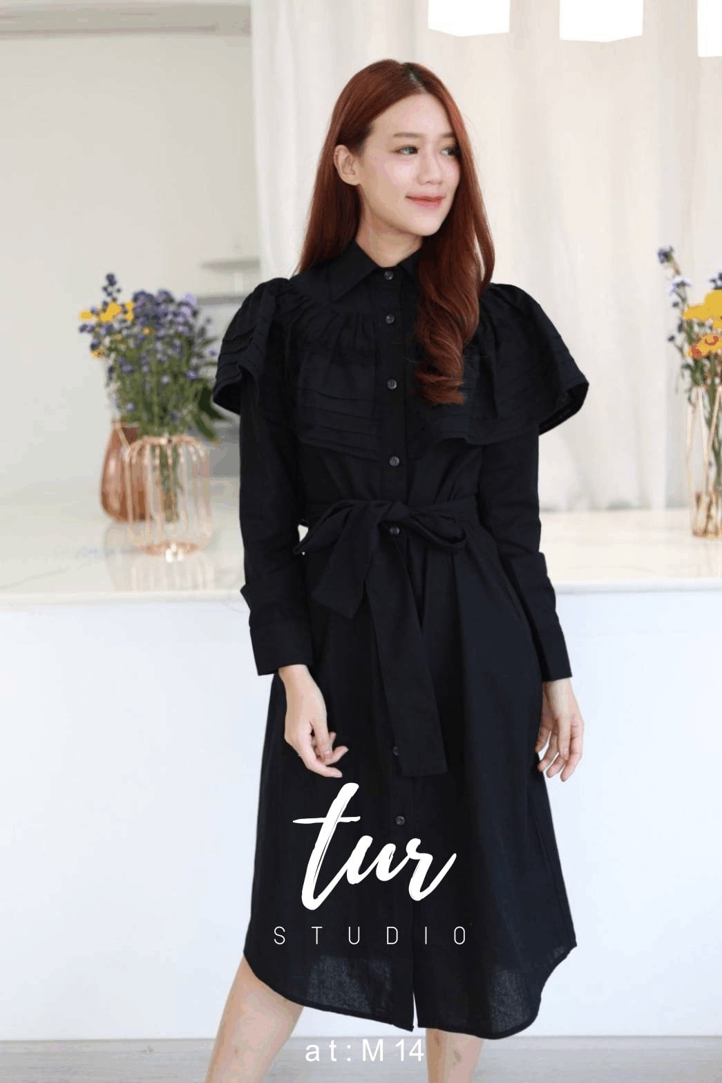เดรสสีดำ เดรสสไตล์คอปกแขนยาวกระดุมหน้า s-2xl