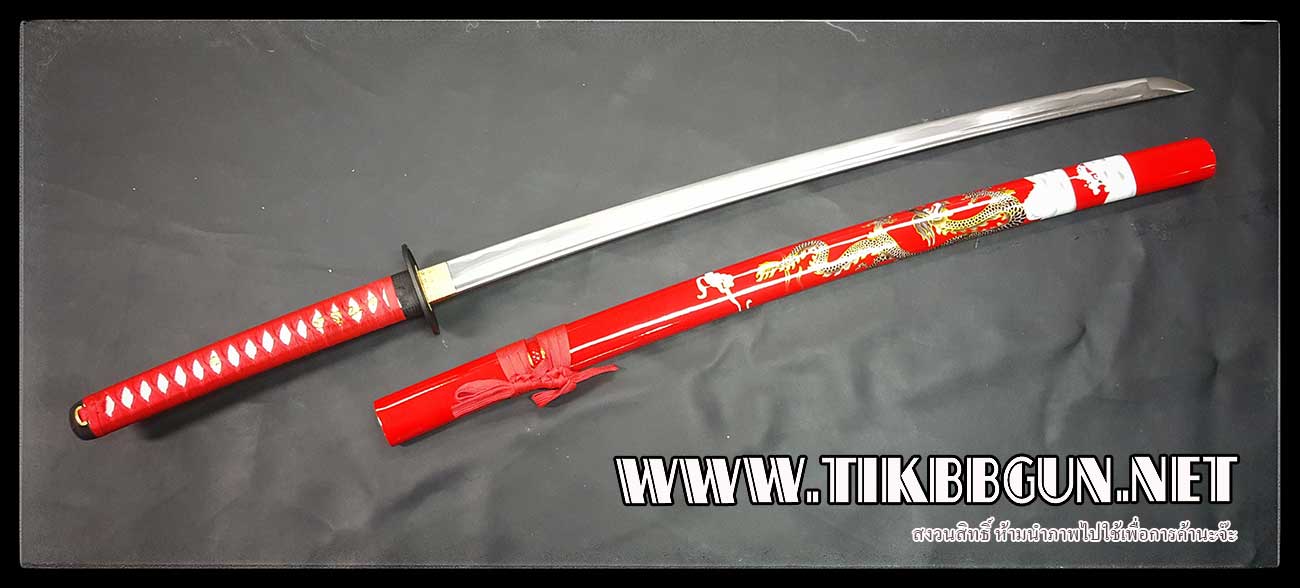 ดาบซามูไรแบบรองTop KATANA เปิดคมสีแดง ปลอกลายมังกรขอบทอง รหัสความงาม 555-R สีแดง