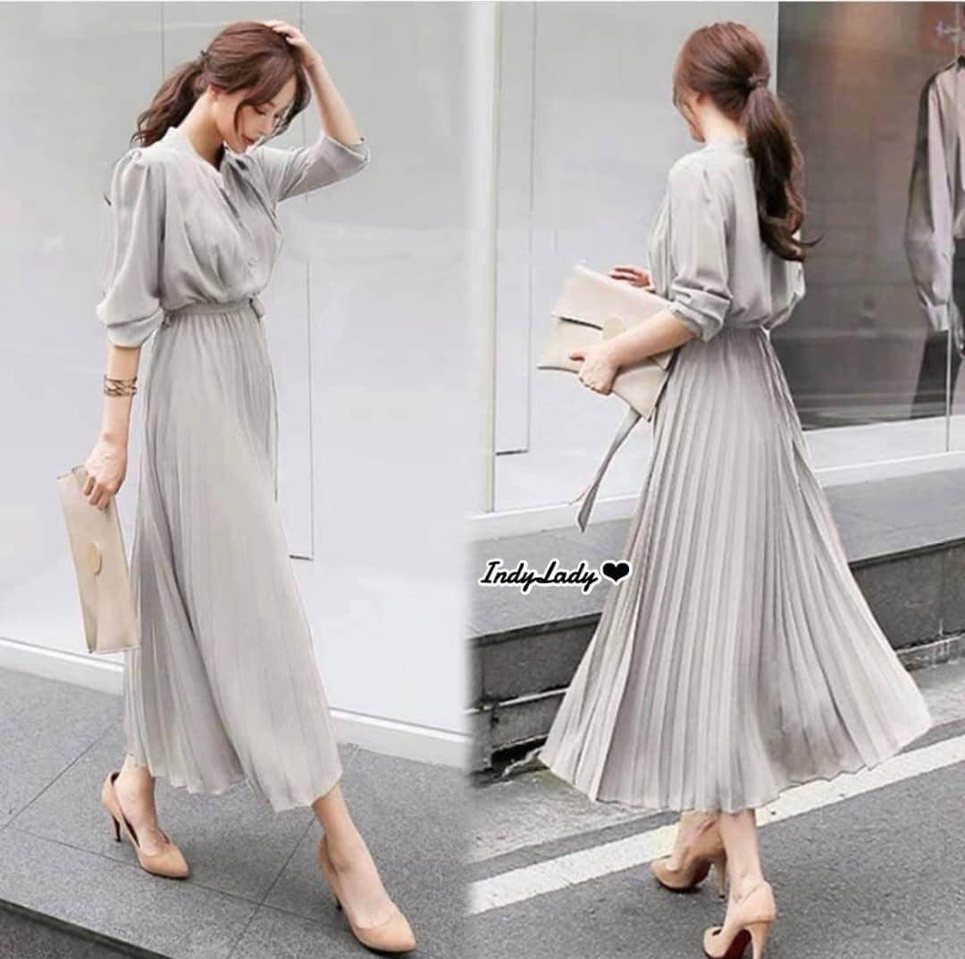 ชุดสีเทา เดรสผ้าชิฟฟ่อน ( free size)