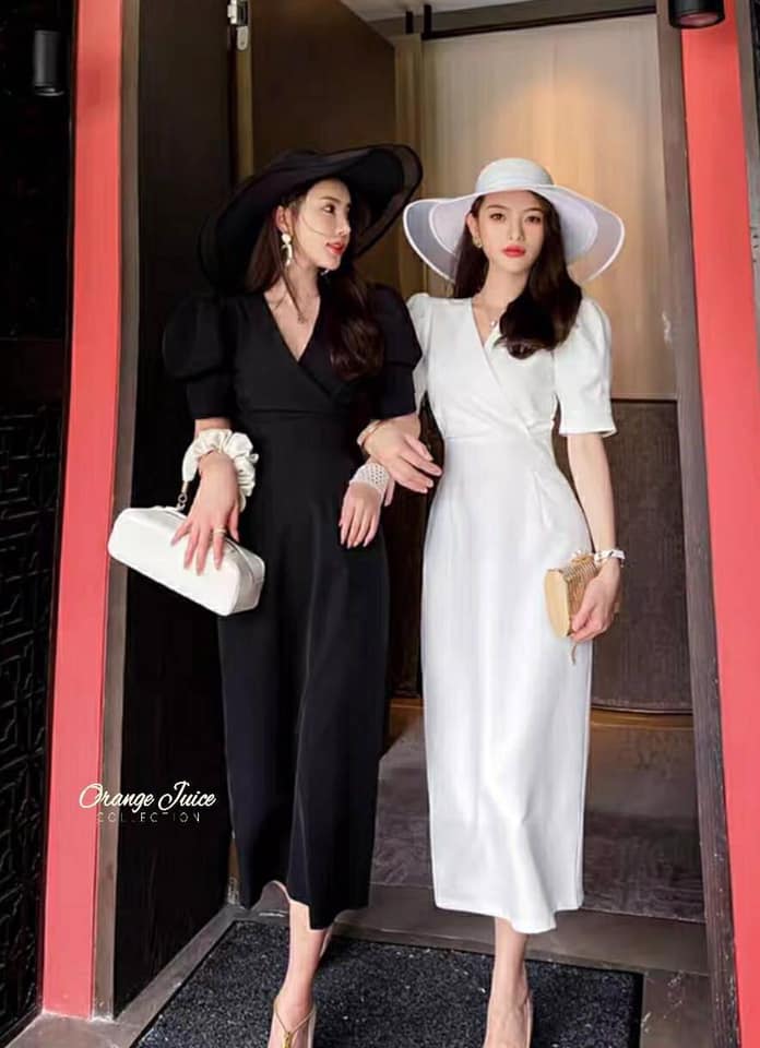 ชุดสีขาว เดรสคอวี แขนตุ๊กตา (สีขาว ดำ s-2xl)