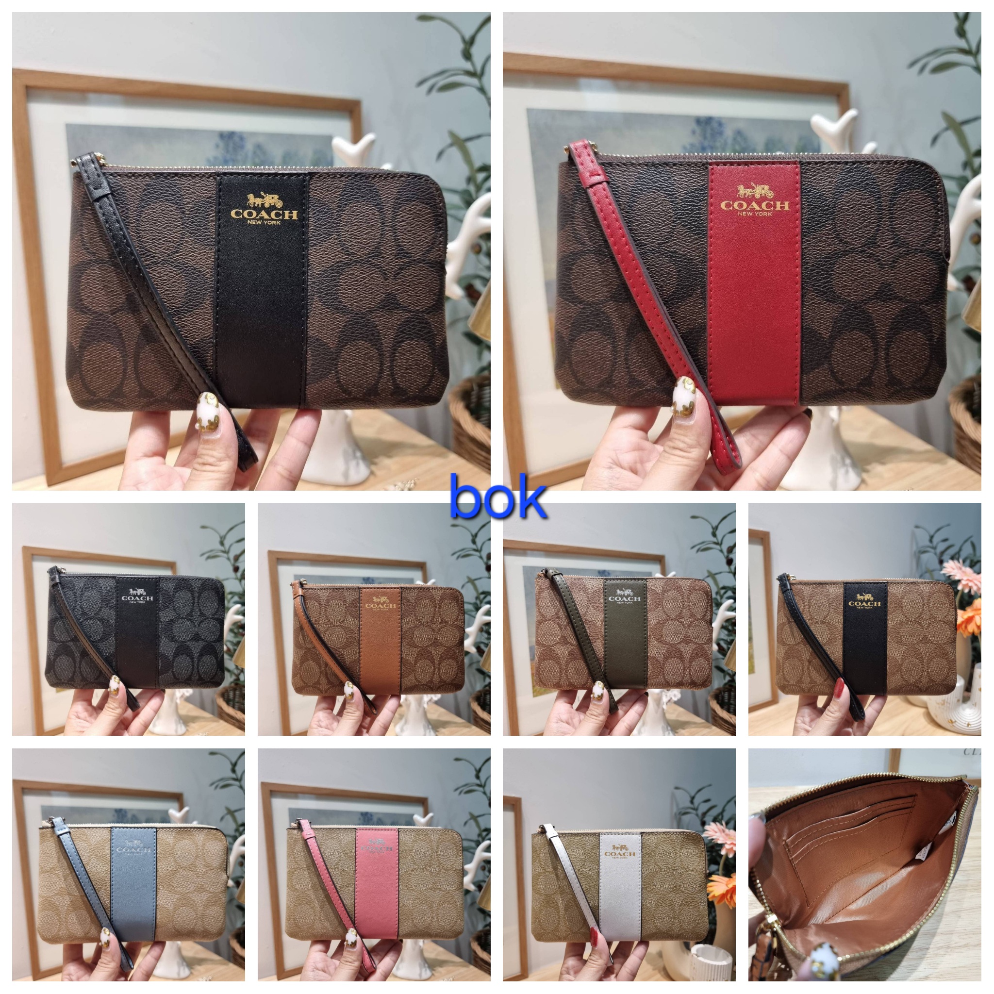 Coach กระเป๋าคล้องมือแบรนด์เนมโค้ชไซส์Sขนาด 6.5 นิ้ว แต่งแถบคาดกลางหนังแท้หนังแคนวาส COACH F58035 CORNER ZIP WRISTLET IN SIGNATURE CANVAS น้ำตาล กาแฟ เทาดำ ดำ ขาว เขียว แดง ฟ้า ชมพู