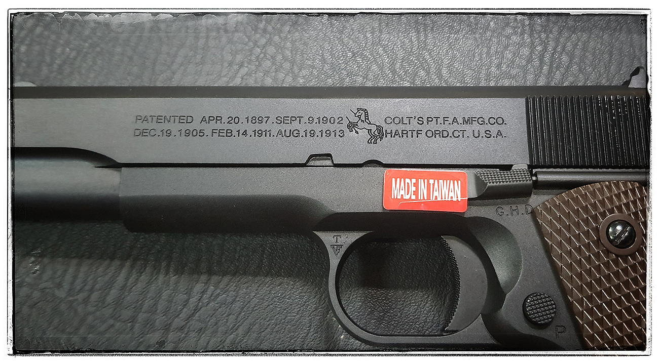 ปืนระบบแก๊สทั่วไป รุ่น 1911สีดำ มาร์คกิ้งร่องลึก สวยงามมากจาก CyberGun