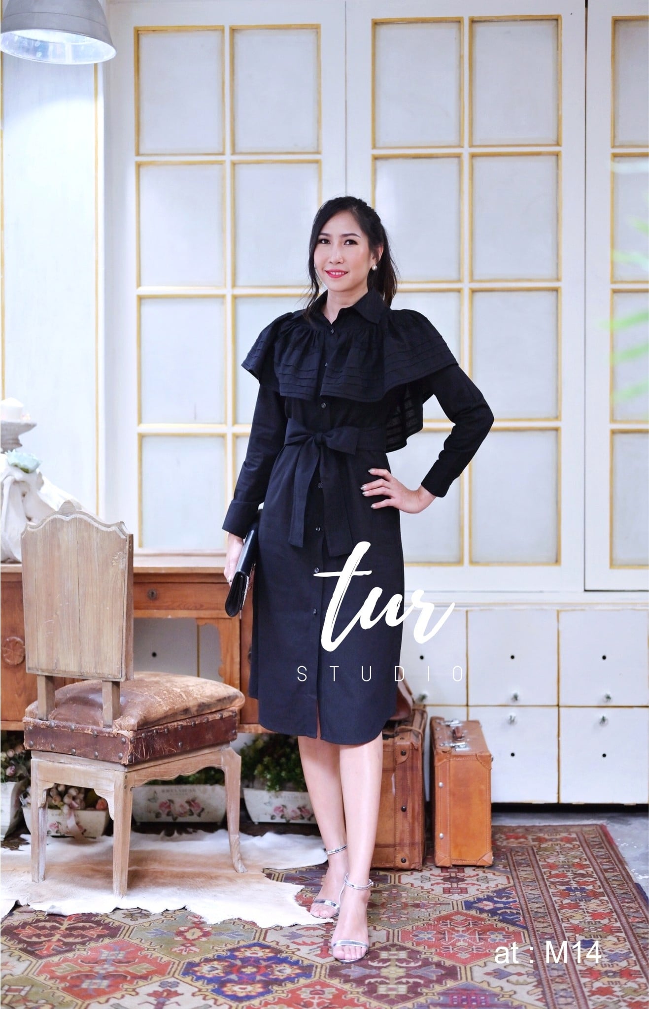 ชุดดำ เดรส+ผ้าผูกเอว เดรสสไตล์คอปกแขนยาว s-2xl