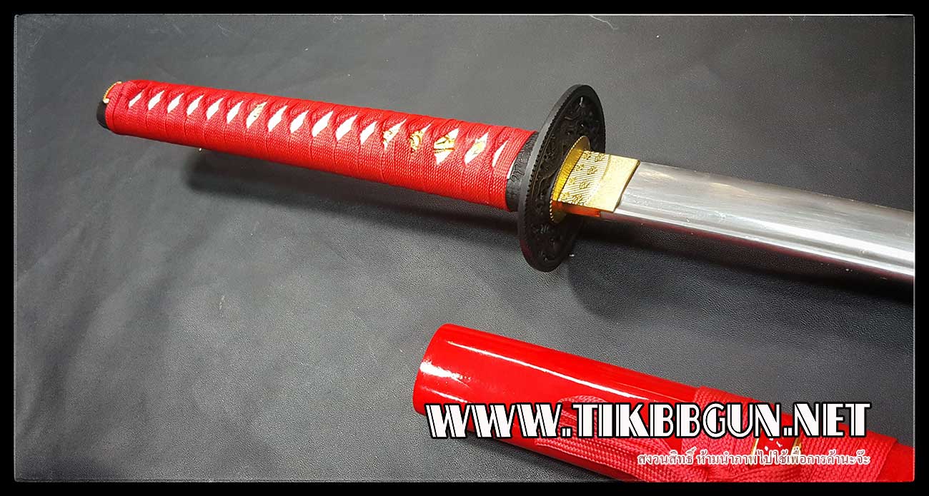 ดาบซามูไรแบบรองTop KATANA เปิดคมสีแดง ปลอกลายมังกรขอบทอง รหัสความงาม 555-R สีแดง