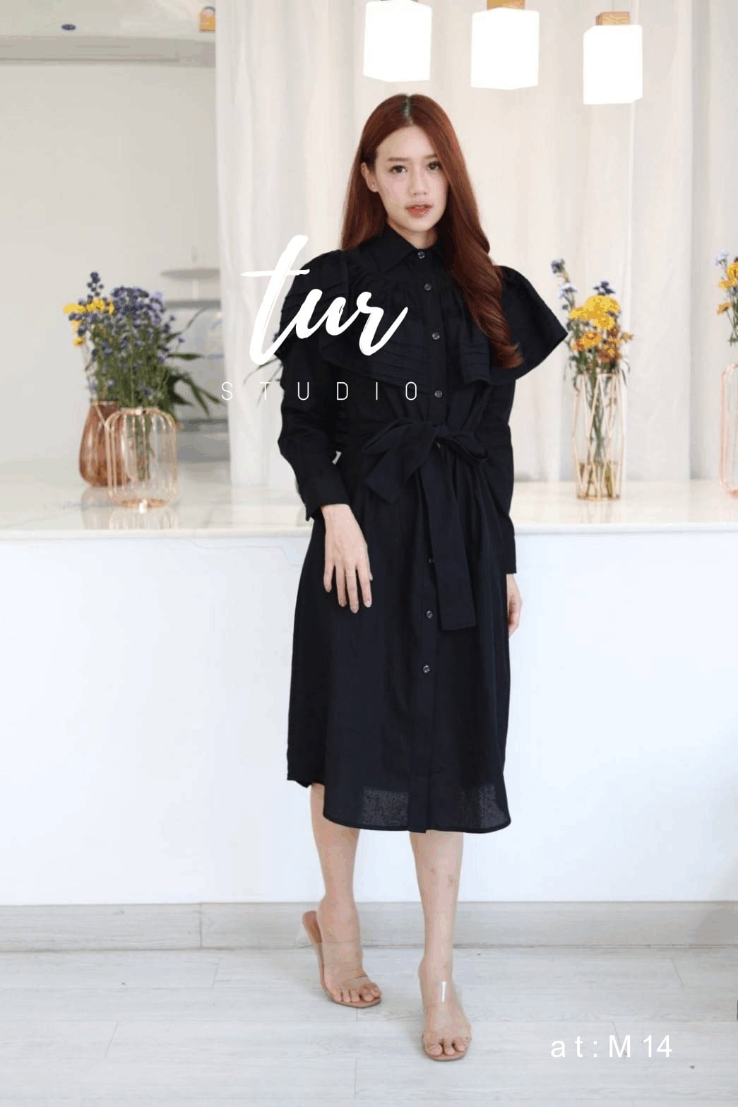 เดรสสีดำ เดรสสไตล์คอปกแขนยาวกระดุมหน้า s-2xl