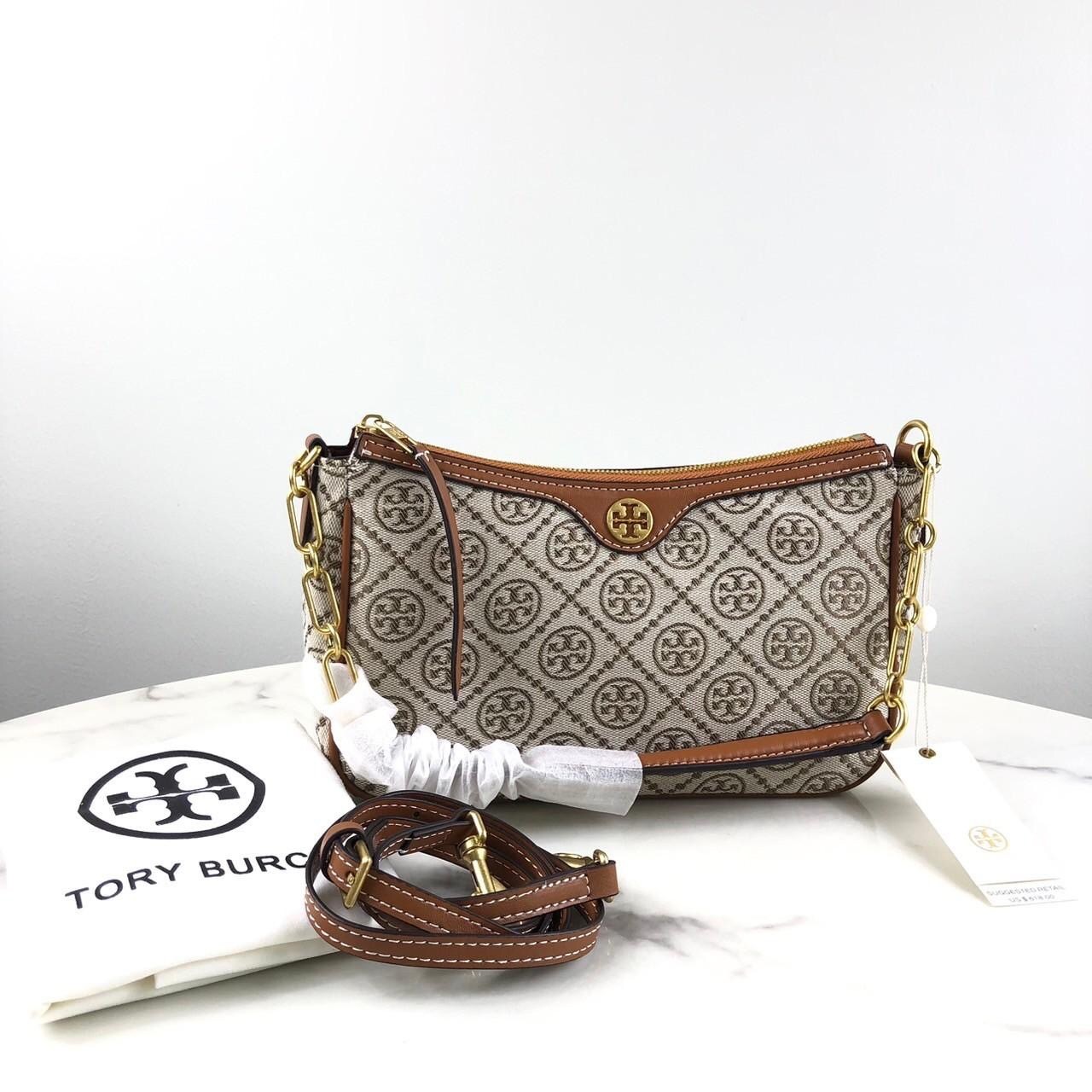 Tory Burch กระเป๋าสะพายไฮโซแบรนด์เนมทอรี่ขนาด 9.5 นิ้ว สีน้ำตาลหนังแท้ผสมผ้า จุของได้เยอะ TORY BURCH น้ำตาล