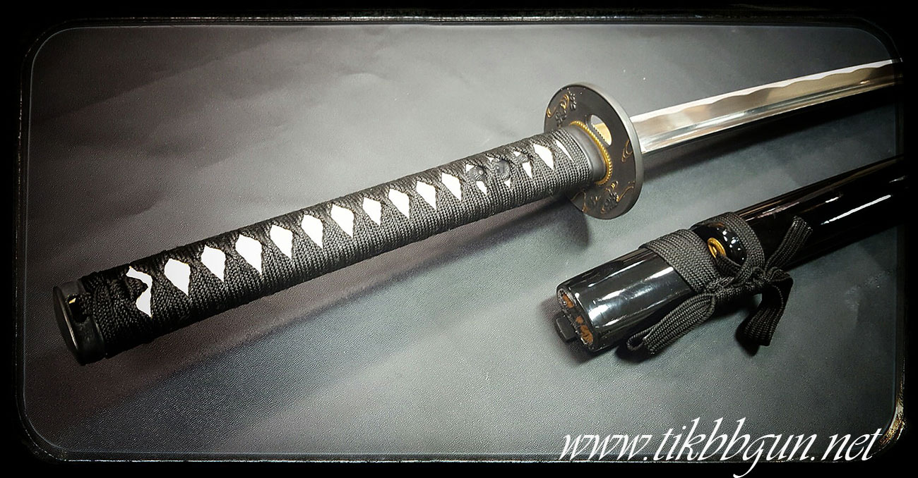 ดาบซามูไร + มีดสั้น ปลอกดำ Tk09(เปิดคม) เหล็ก1050 ใบดาบสวยงาม