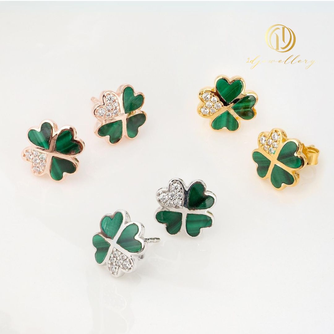 1D Jewellery ต่างหูเงินแท้ 925 ชุบโรเดียม ฝังเพชรสวิส(CZ) - Malachite🍀 ใบโคลเวอร์ (Clover Leaf) สัญลักษณ์แห่งความโชคดี ความหวัง (Hope) ความเชื่อมั่นและศรัทธา (Faith) ความรัก (Love) และความโชคดี (Luck)