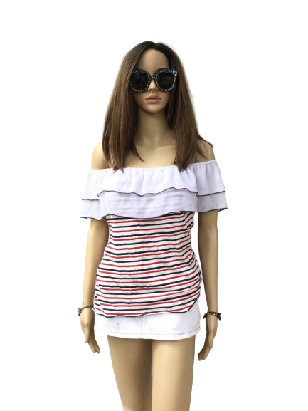เสื้อยืดลายริ้ว คอปาดระบาย2ชั้น ใส่ได้หลายแบบ