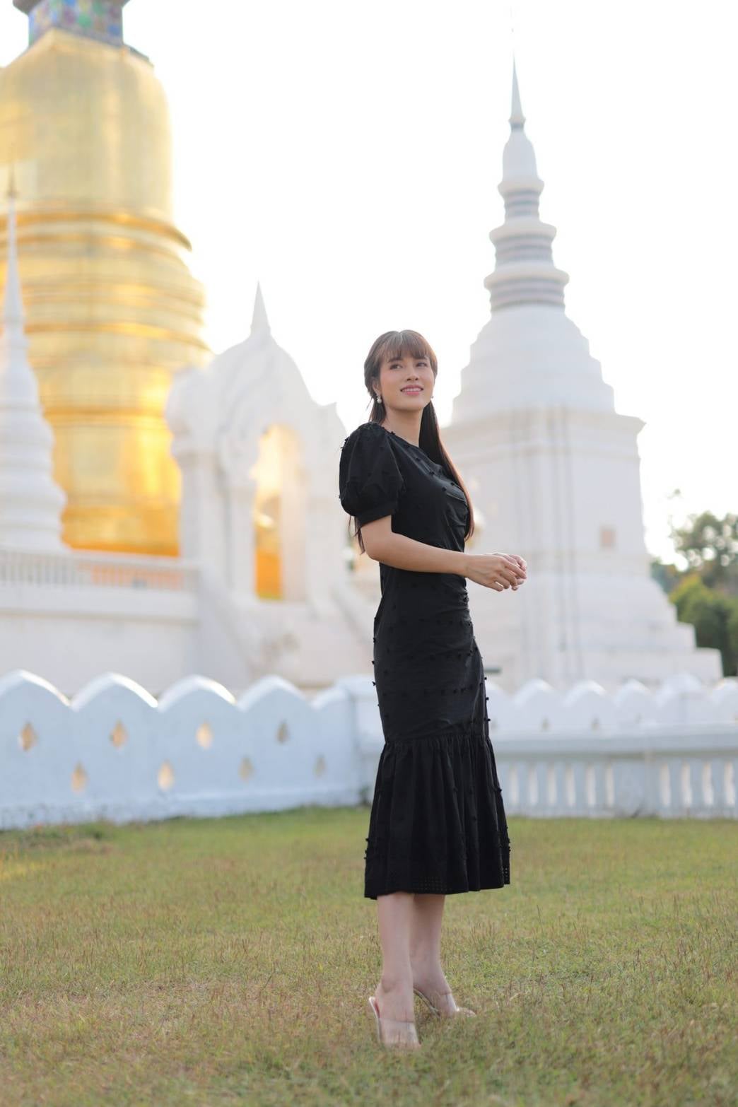 ชุดดำ เดรสสีดำ maxi dressผ้าคอตต้อนฉลุ ผ้าลูกไม้ m-2xl