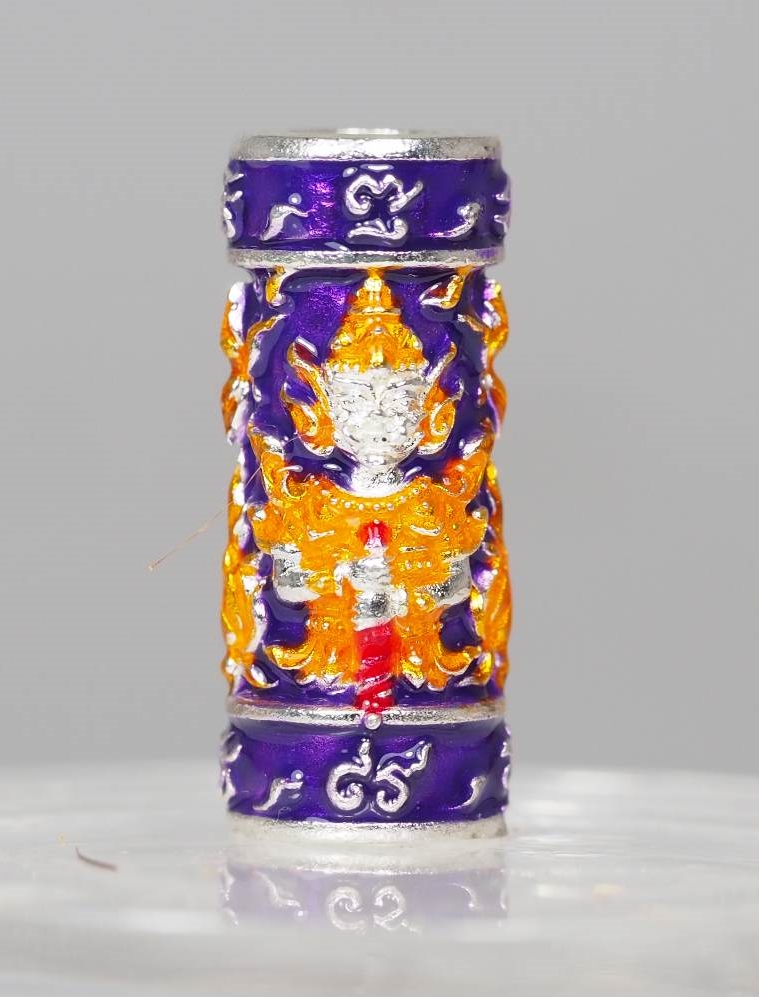 ตะกรุดท้าวเวสสุวรรณทวิพัตร์(หน้าเทวดา และ หน้ายักษ์) รุ่นเศรษฐีบูชาครู เนื้อโลหะชุบเงินลงยาสีม่วง