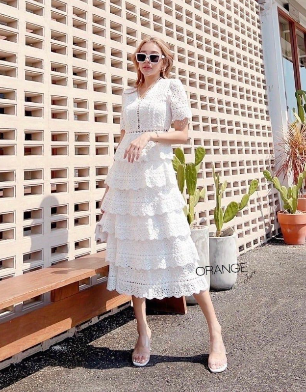 ชุดสีขาว Maxi เดรสยาวลูกไม้ชั้น S-xl