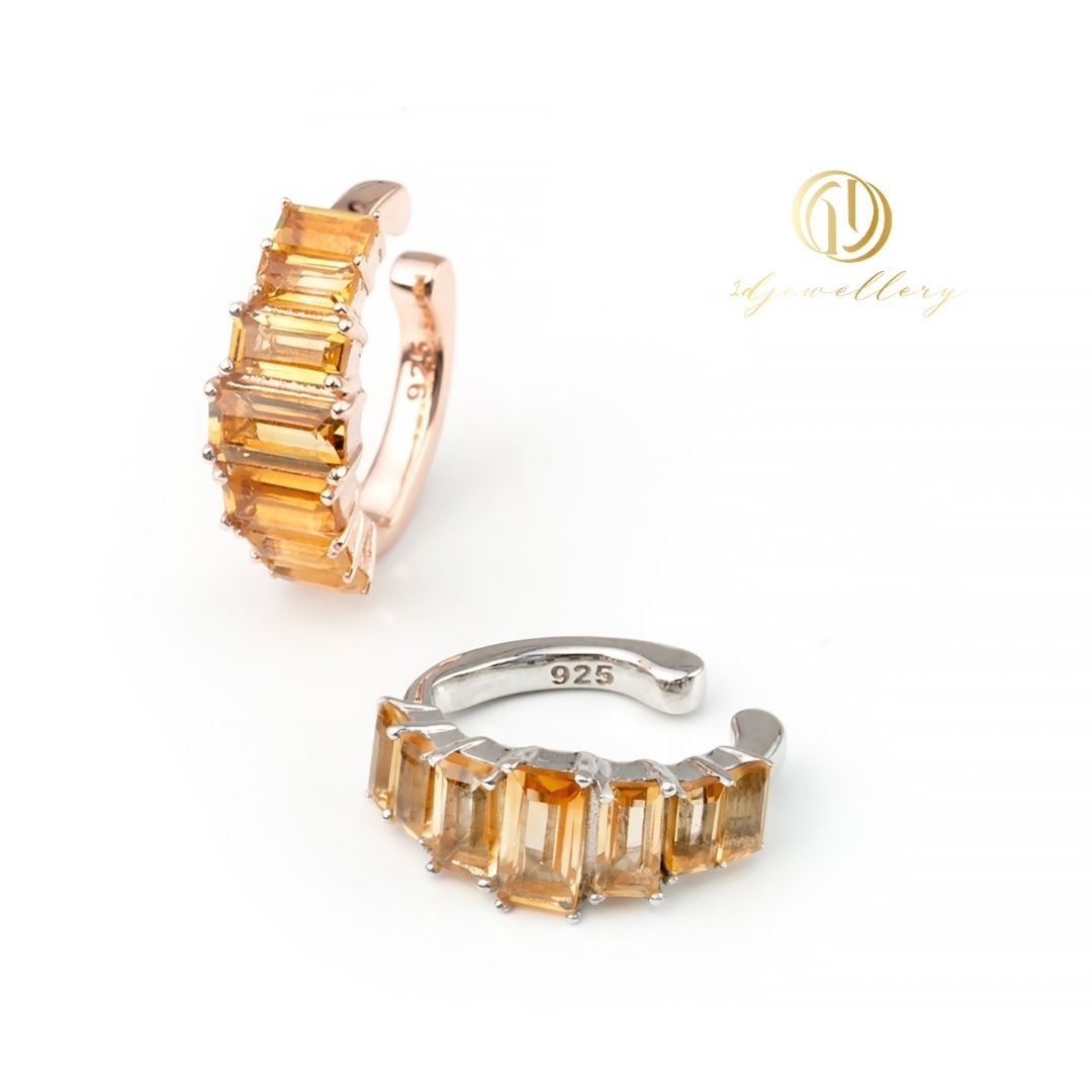 1D Jewellery ต่างหูเงินแท้ 925 ชุบโรเดียม ต่างหูแบบหนีบคล้องหู ✨ Citrine Baguette Ear Cuff นำโชคดี เสริมพลังบวกและความสุขในชีวิต
