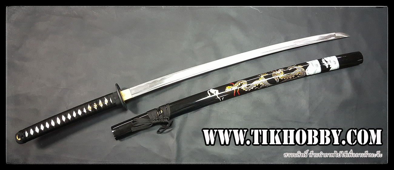 ดาบซามูไรแบบรองTop KATANA เปิดคม ปลอกลายมังกรขอบทอง รหัสความงาม 555-BK ดำ