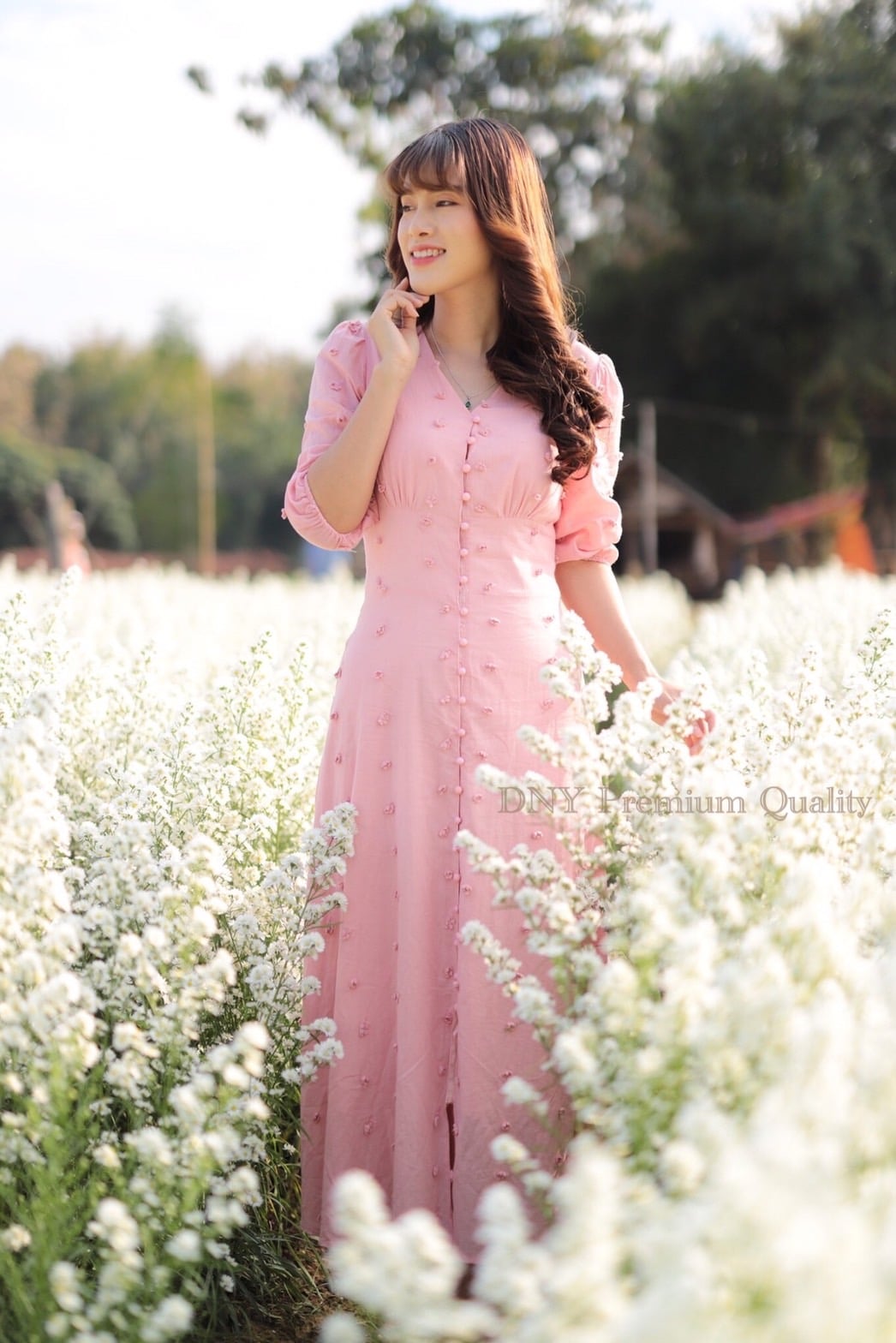 เดรสสีชมพู ดีไซน์คอเหลี่ยม แขนแต่งทรงตุ๊กตา (m-2xl)