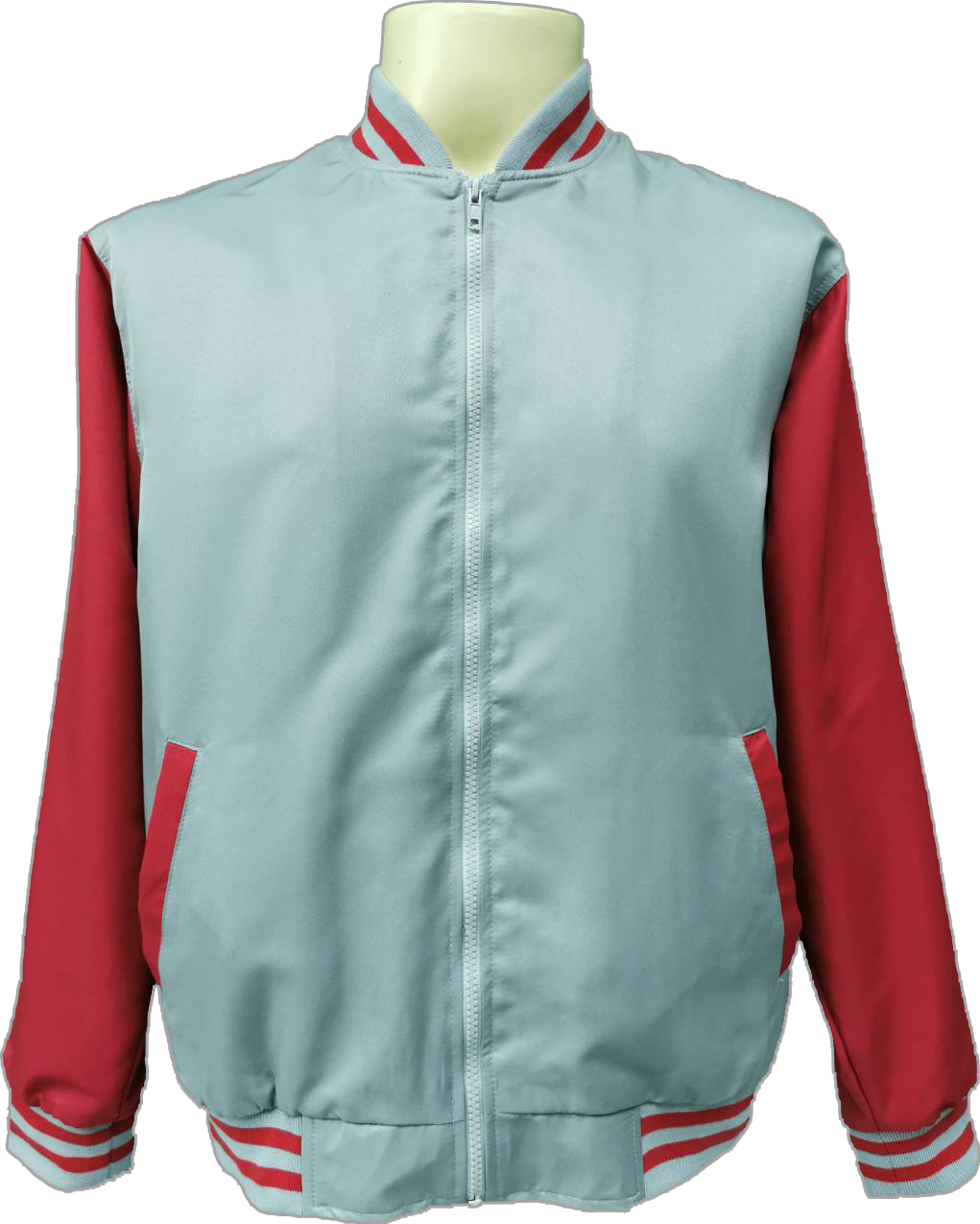 Baseball Jacket 6702 เสื้อแจ็คเก็ตเสื้อแจ็คเก็ตสีเทาแขนสีแดงสไตล์เบสบอล