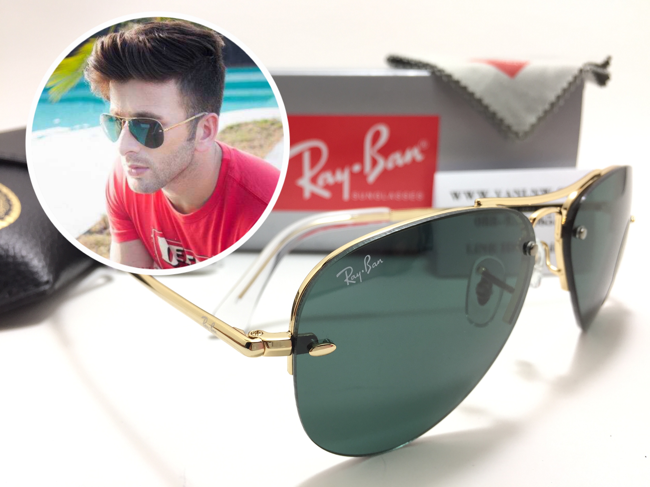 แว่นกันแดด Rayban RB3449 Rimless Aviator 001/71 59-14 3N <ไร้ขอบ>