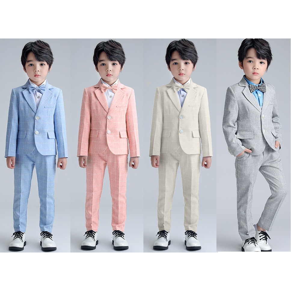 [ส่งจาก กทม] ชุดสูทออกงานเด็กผู้ชาย สีฟ้า ชมพู ครีม เทา ได้ทั้งหมด 4 ชิ้น เสื้อสูท กางเกง เสื้อเชิ้ตขาว โบว์