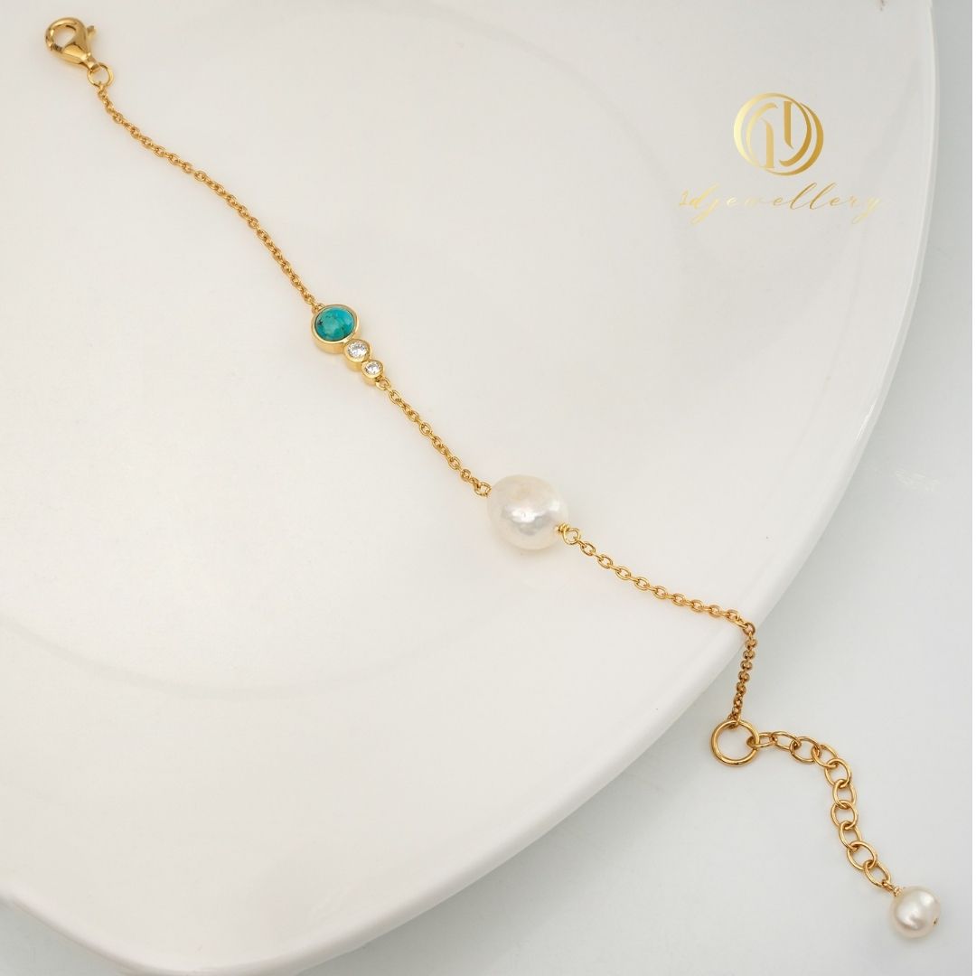 1D Jewellery สร้อยข้อมือเงินแท้ 925 ชุบโรเดียม ฝังเพชรสวิส(CZ) เทอร์คอยส์ (Turquoise) ทรงกลม เสริมความเจริญรุ่งเรือง นำโชคความรัก เสริมสร้างสติปัญญา