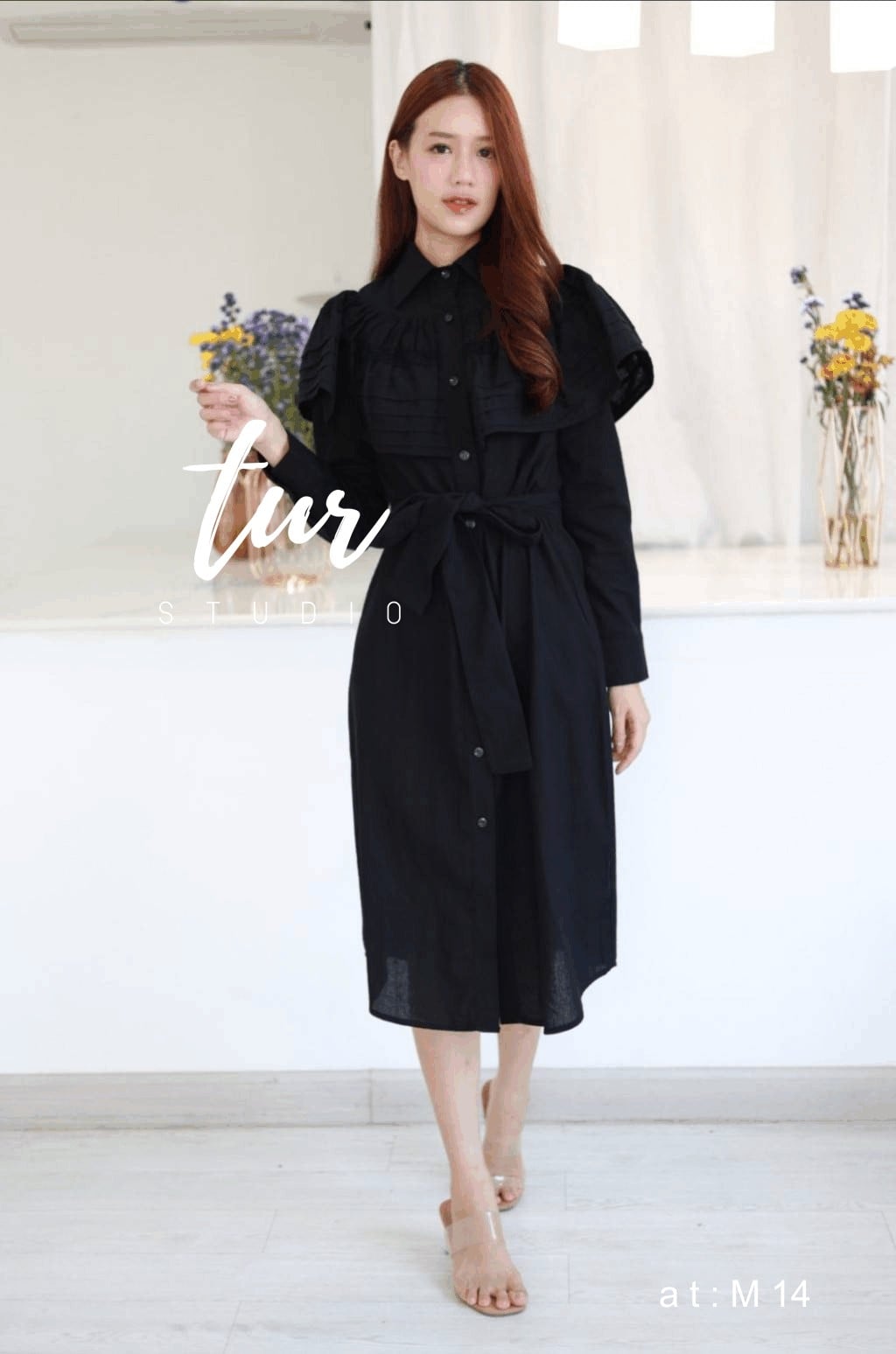 เดรสสีดำ เดรสสไตล์คอปกแขนยาวกระดุมหน้า s-2xl
