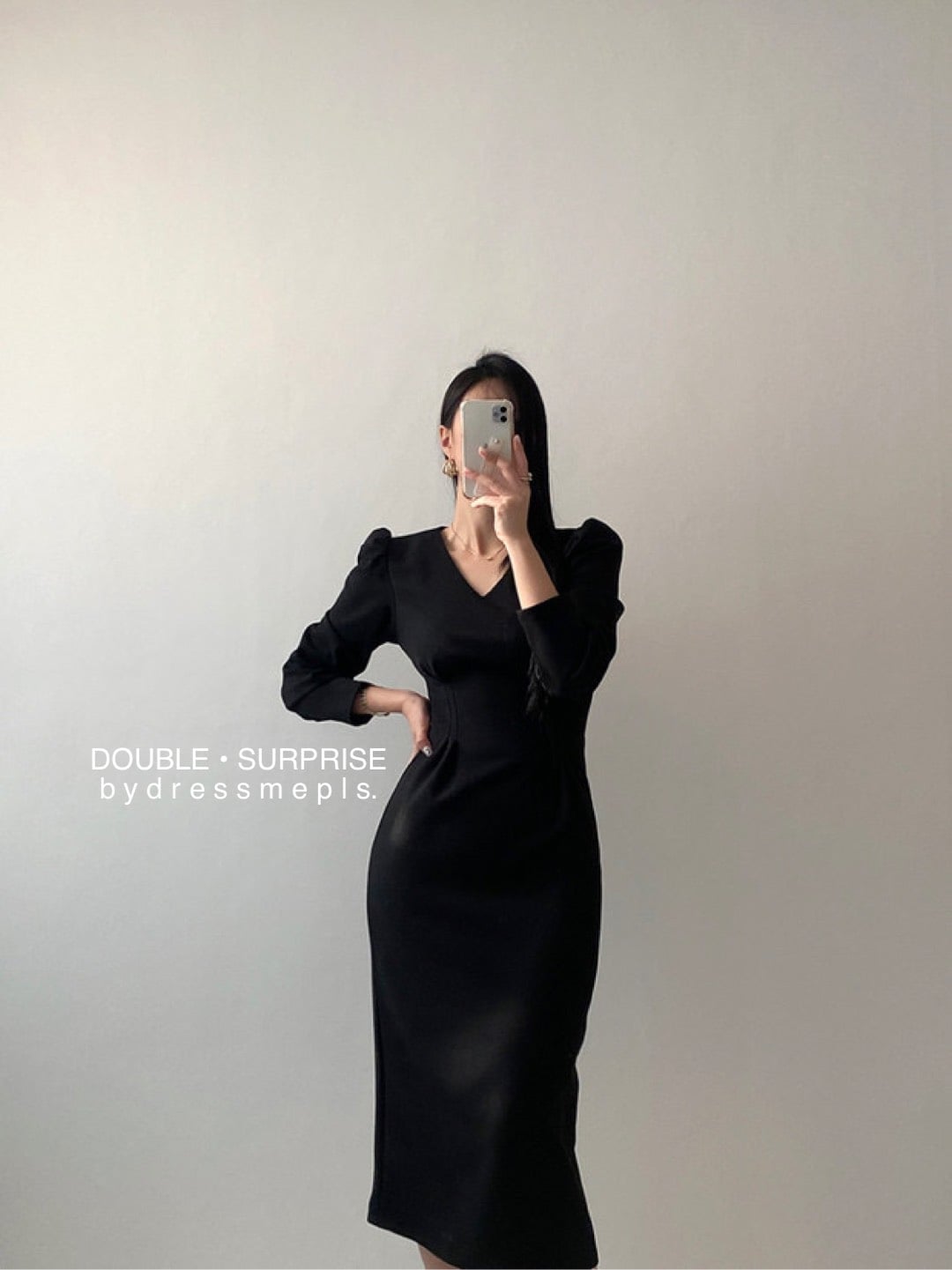 ชุดสีดำเดรสคอวี แขนยาว s m l 2xl 3xl