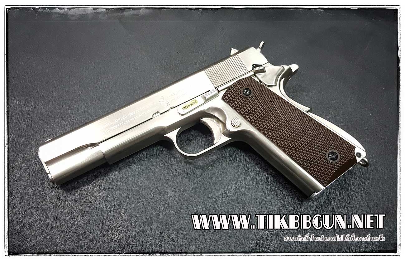 ปืนอัดลม (ปืนระบบแก๊ส) รุ่น 1911 สีเงิน ประกับน้ำตาล จาก WE ด้านข้างยิงลายเลเซอร์