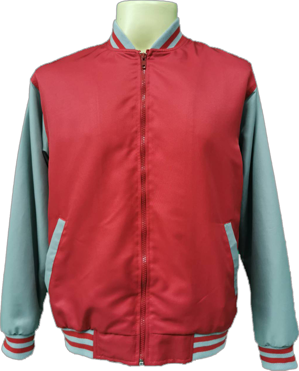 Baseball Jacket 6701 เสื้อแจ็คเก็ตเสื้อแจ็คเก็ตสีแดงแขนสีเทาสไตล์เบสบอล