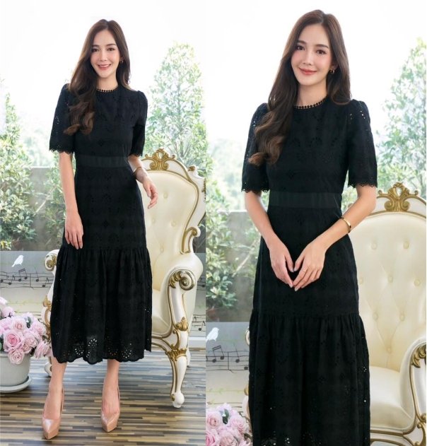 ชุดเดรสลูกไม้สีดำ เดรสสีขาวแม็กซี่เดรสผ้าฉลุลูกไม้ คอกลม S-xl (ดำ-ขาว)