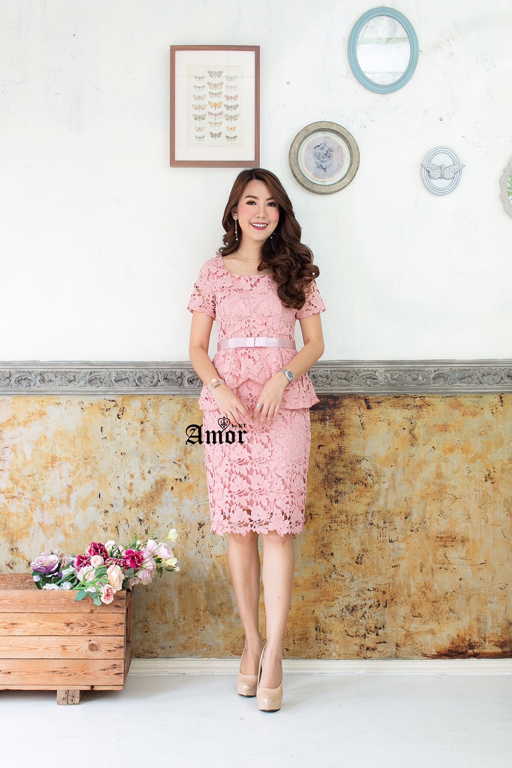 ชุดเดรสlสีชมพู ชุดลูกไม้เกรด Premium m-4xl