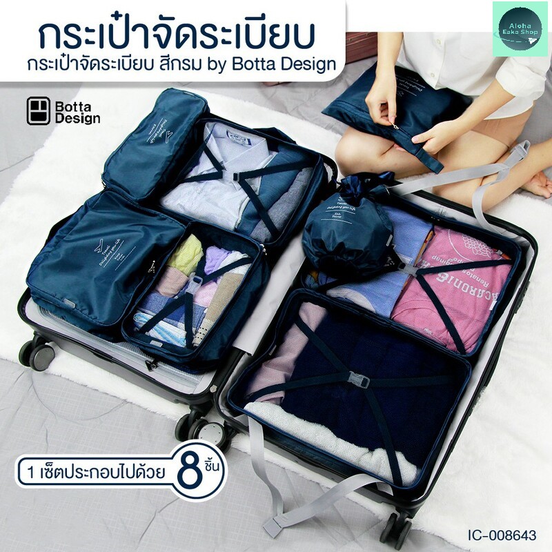 กระเป๋าจัดระเบียบ ที่จัดระเบียบกระเป๋า จัดระเบียบกระเป๋าเดินทาง 8 ชิ้น สีกรม