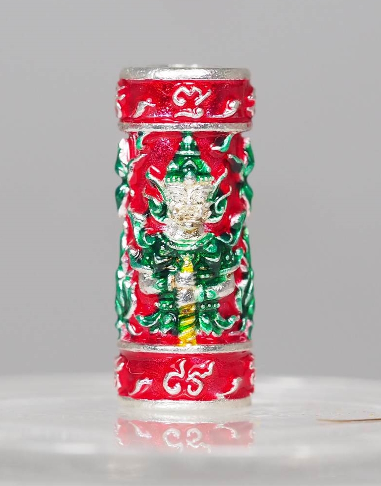 ตะกรุดท้าวเวสสุวรรณทวิพัตร์(หน้าเทวดา และ หน้ายักษ์) รุ่นเศรษฐีบูชาครู เนื้อโลหะชุบกะไหล่เงินลงยาสีแดง