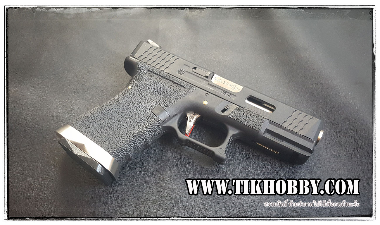ปืนสั้นระบบแก๊สโบลว์แบล็ค รุ่น G19 T5 WE สไลด์แต่ง บอดี้สีดำ สไลด์แต่งสีดำ ท่อสีเงิน