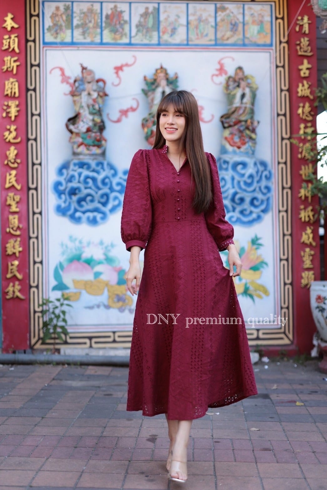 ชุดแดง maxi dress เนื้อผ้าcotton ฉลุเนื้อนิ่ม (M-2x) แดง ดำ ชมพู
