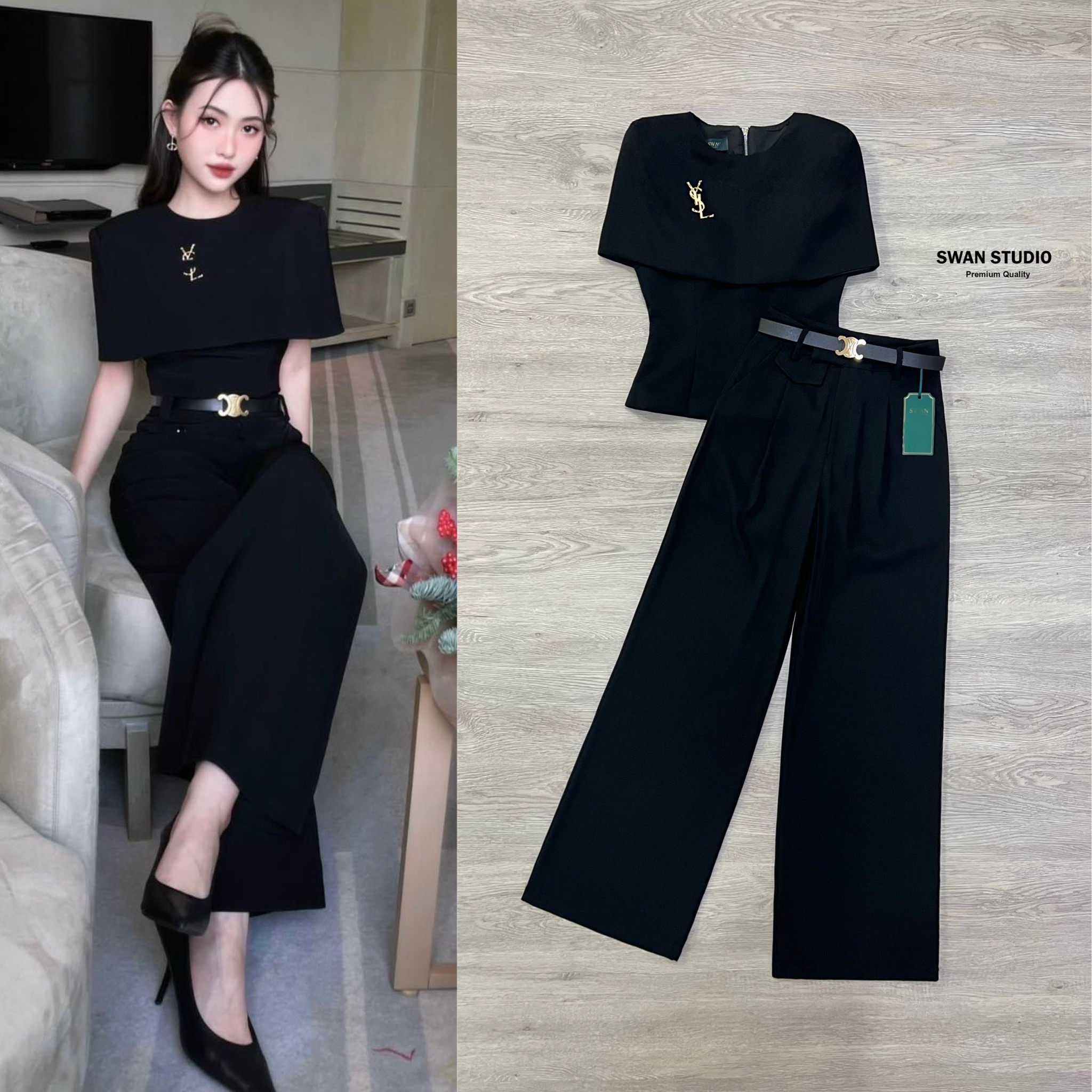ชุดเซ็ทเสื้อผ้าสีดำ Set 4 ชิ้น เสื้อ+กางเกง+เข็มขัด+เข็ดกลัด