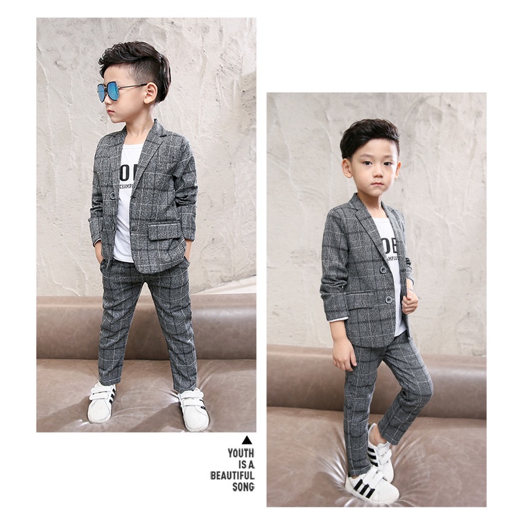 [ส่งจาก กทม] ชุดออกงานเด็กผู้ชาย สูทเด็ก สีเทาดำ อายุ 3-13 ปี เซ็ต 2 ชิ้น