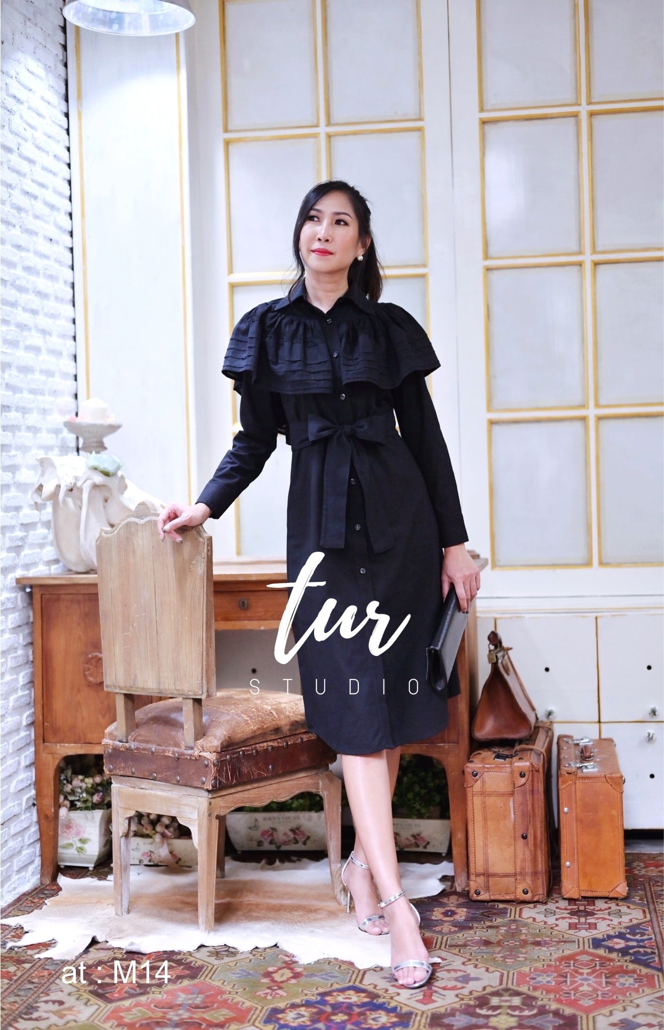 ชุดดำ เดรส+ผ้าผูกเอว เดรสสไตล์คอปกแขนยาว s-2xl