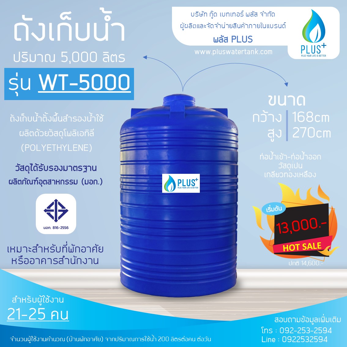 ถังเก็บน้ำ ขนาด 5000 ลิตร ชนิดตั้งพื้น PLUS