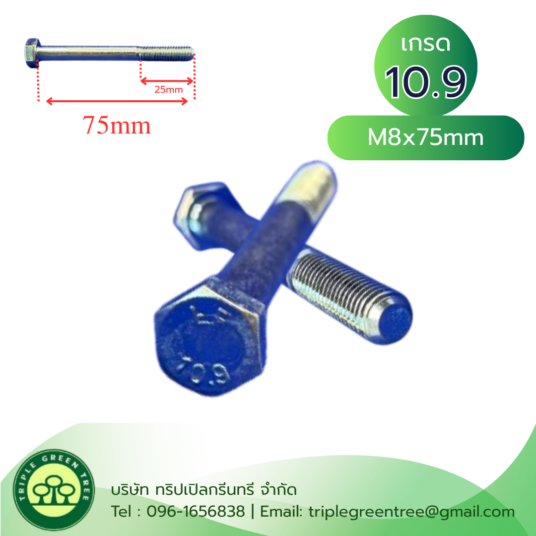 (6 ตัว) สกรูหัวเหลี่ยมมิลขาว M8x75mm เกลียว 1.25 TL20mm เกรด 10.9 ชุบซิงค์