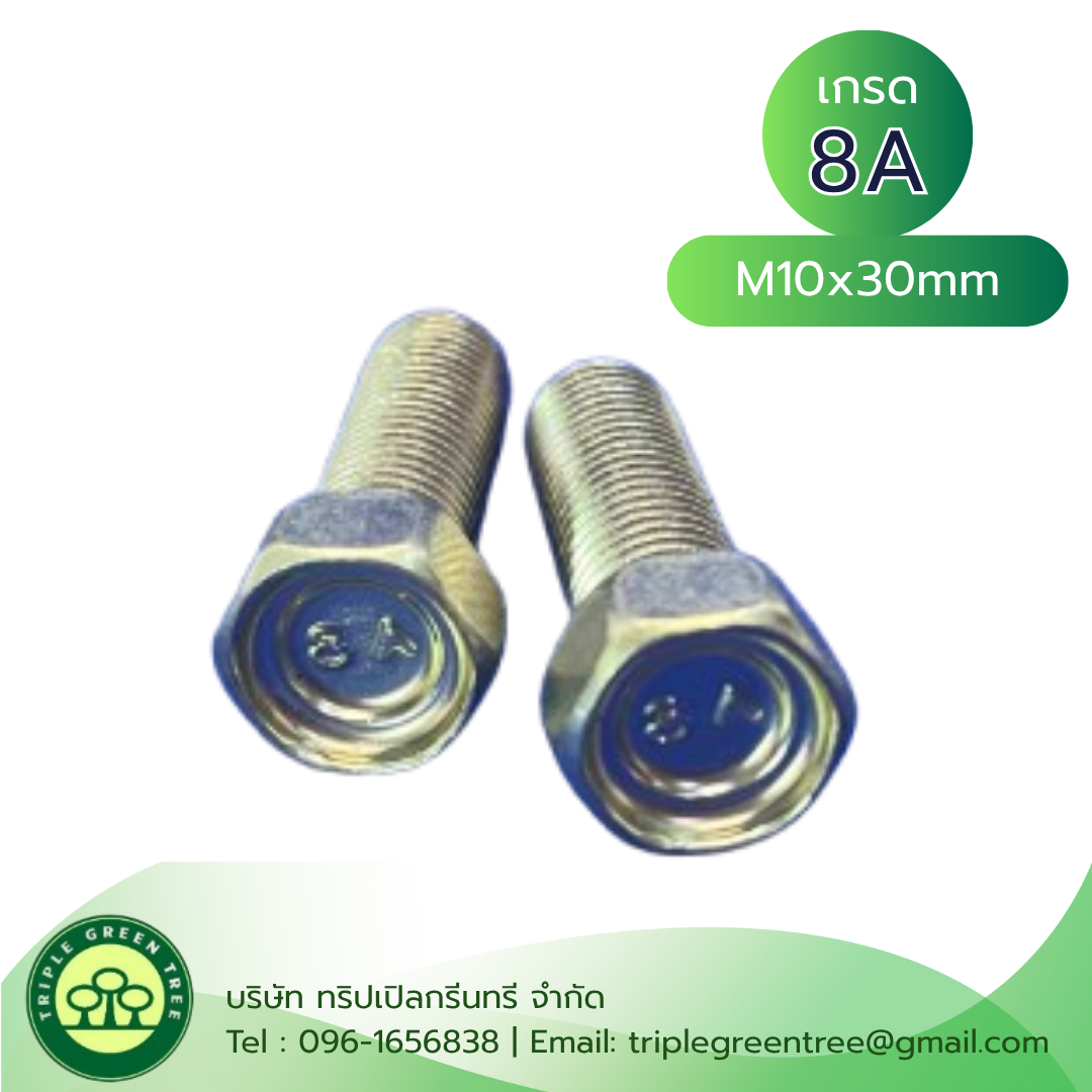 (10 ชิ้น) สกรูหัวเหลี่ยมมิลขาว M10x30mm เกลียว 1.25 เกลียวตลอด เกลียวตลอด เกรด 8A ชุบซิงค์