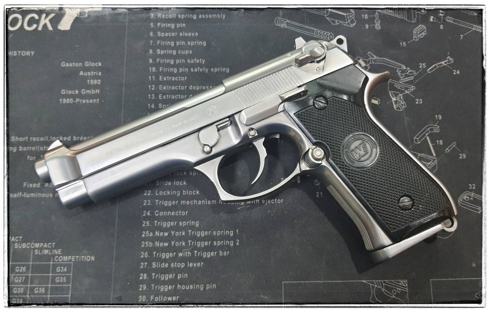 (มือ2) ปืนสั้น M92 สีเงินกึ่งเงา กึ่งด้าน มีรอยร้าวที่สไลด์ ยิงได้ดี รายละเอียดด้านล่างครับ