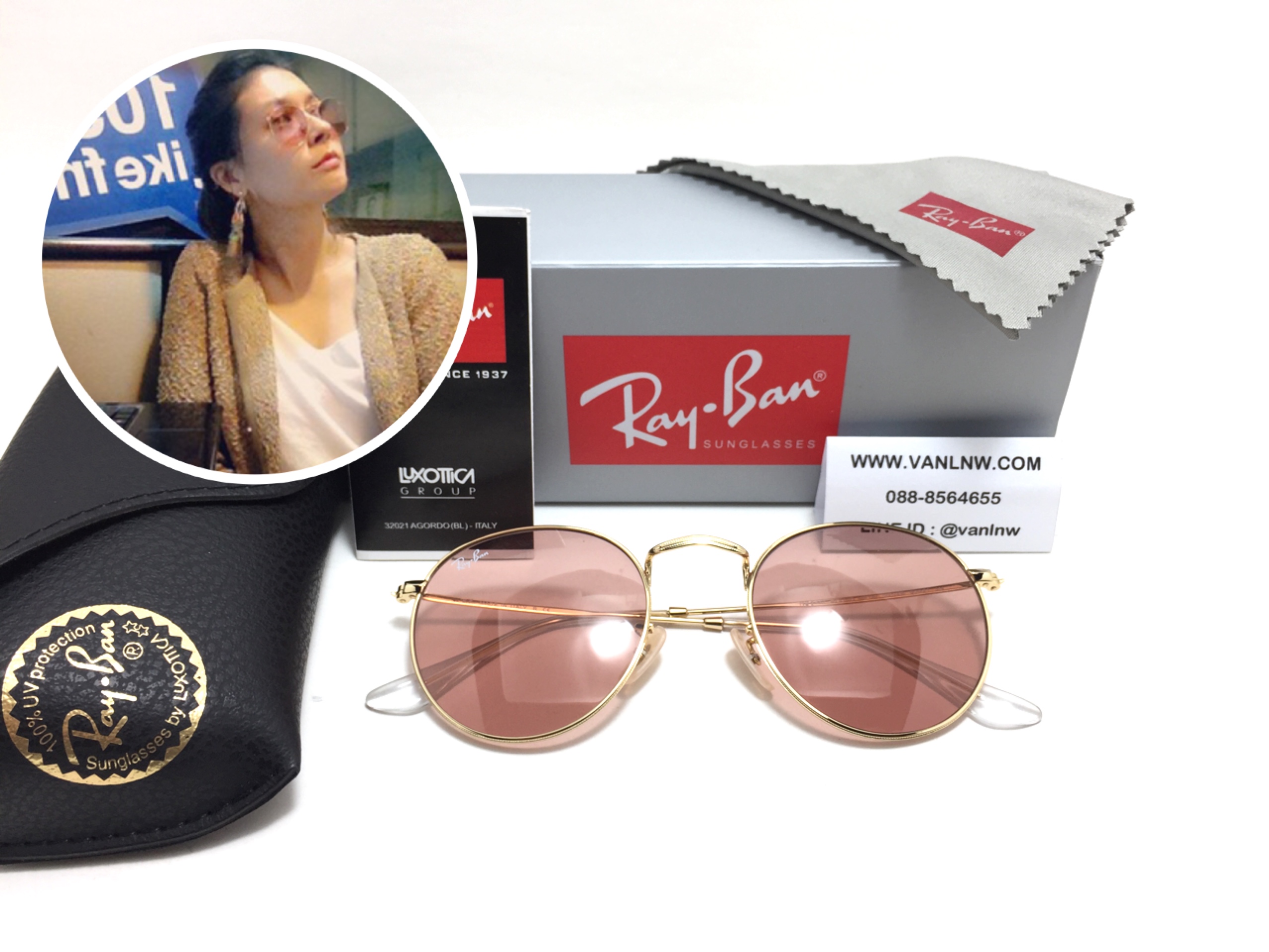 แว่นกันแดด Rayban RB3447 ROUND METAL 001/4B 50-21 3N <ชมพู>