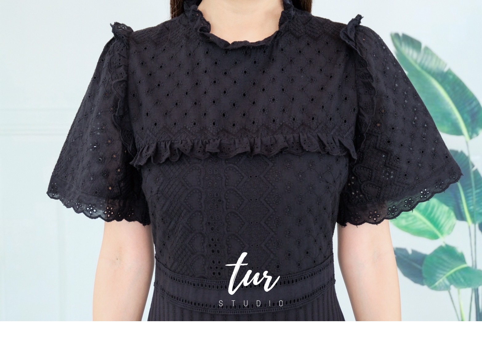 ชุดเดรสลูกไม้สีดำ เดรสสีดำกระโปรงทรงเอบาน M-2xl