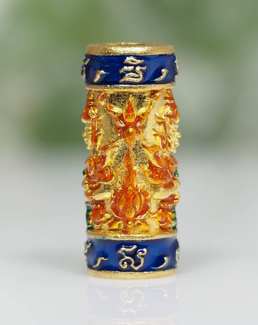 ตะกรุดท้าวเวสสุวรรณทวิพัตร์(หน้าเทวดา และ หน้ายักษ์) รุ่นเศรษฐีบูชาครู เนื้อทองระฆังลงยาสีน้ำเงิน