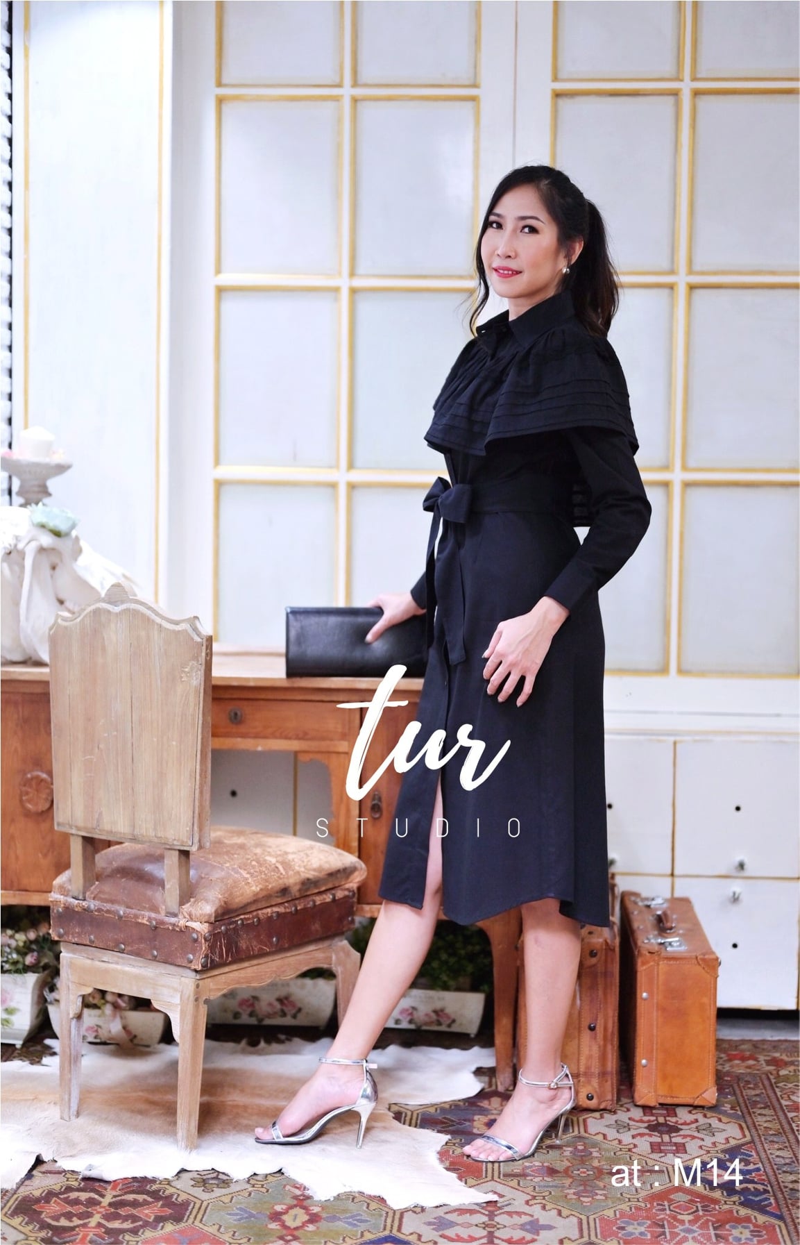 ชุดดำ เดรส+ผ้าผูกเอว เดรสสไตล์คอปกแขนยาว s-2xl