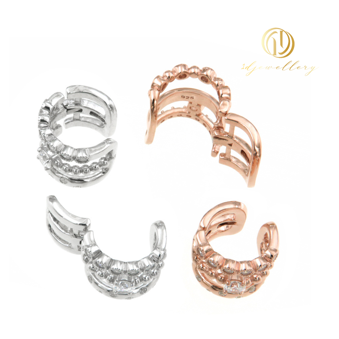 1D Jewellery ต่างหูเงินแท้ 925 ชุบโรเดียม ต่างหูแบบหนีบคล้องหู ฝังเพชรสวิส(CZ) Luxe Spiral Ear Cuff ✨🌟 เพิ่มเสน่ห์และความมั่นใจในวันพิเศษของคุณ