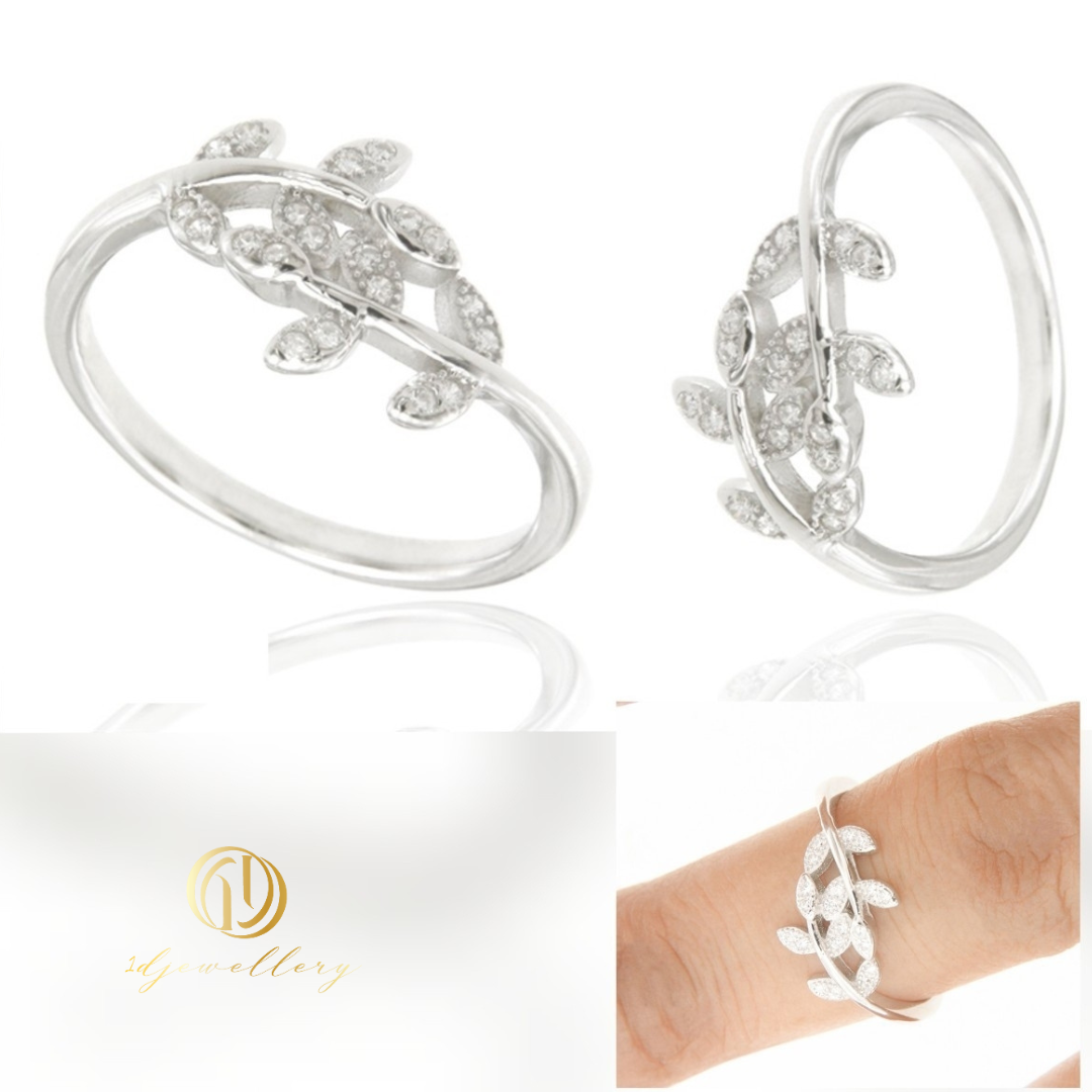 1D Jewellery แหวนเงินแท้ 925 ชุบโรเดียม ฝังเพชรสวิส(CZ) 🌿 Olive Leaf Stud Earring ความหวัง อิสรภาพ และชัยชนะ 👑