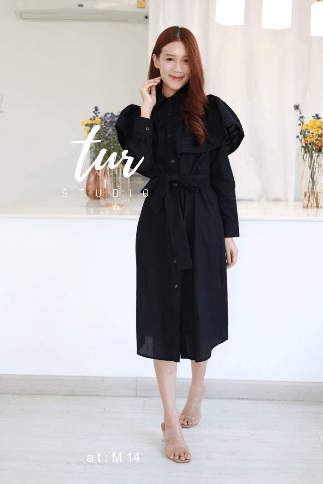 เดรสสีดำ เดรสสไตล์คอปกแขนยาวกระดุมหน้า s-2xl