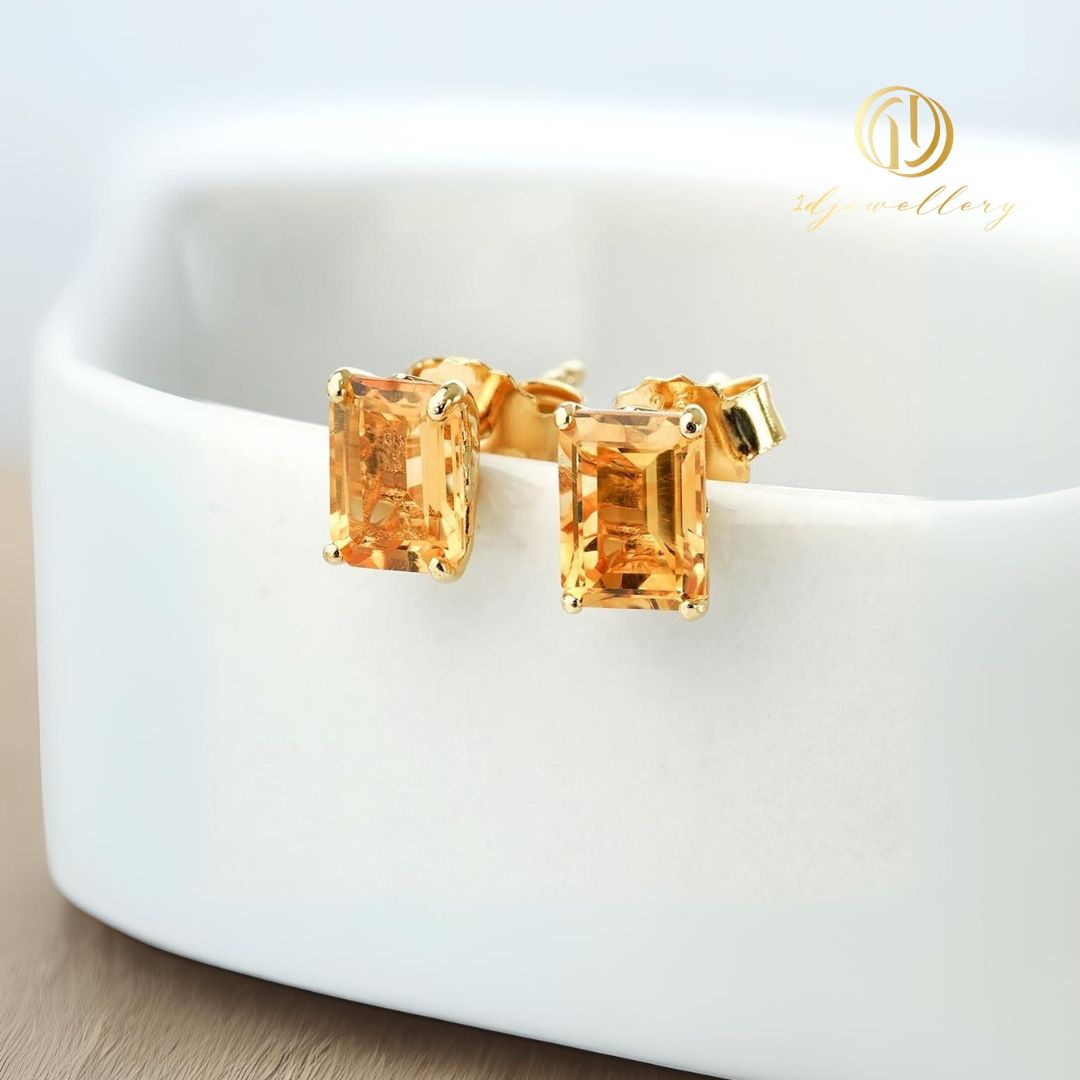 1D Jewellery ต่างหูเงินแท้ 925 ชุบโรเดียม ฝังเพชรสวิส(CZ) Citrine (ซิทริน) Quartz Stud Earrings 🧡 บุษราคัม ดึงดูดความสำเร็จและพลังบวก