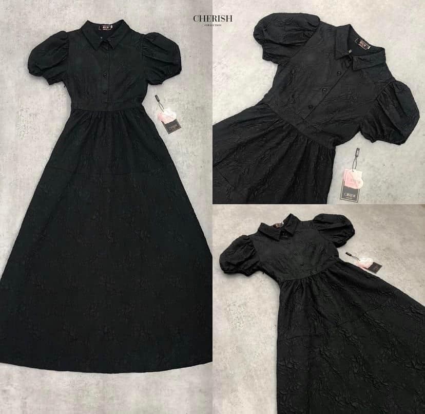 ชุดดำ เดรสยาวทรง A ดีเทลผ้าเนื้อนูน s-xl